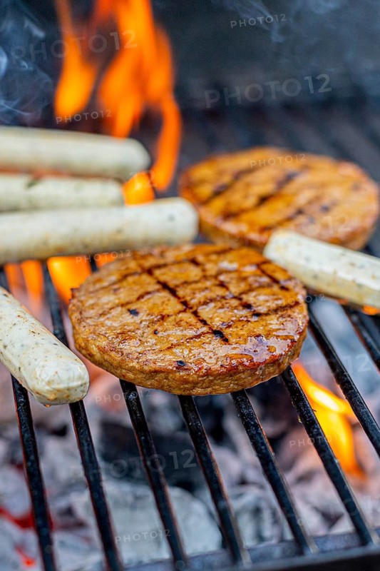 Meat on the grill with fire in summer, Vegetarian, Meat substitute