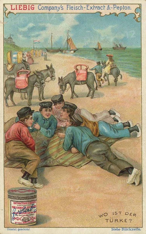Picture series Search pictures, Where is the Turk, Liebig picture, digitally restored reproduction of a collector's picture from ca 1900, public domain, exact date unknown, children enjoying a picnic on the beach near playing horses