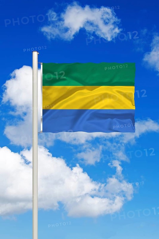 National flag of Gabon in front of cumulus clouds and blue sky, Studio