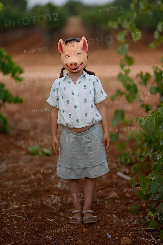 A child stands on a dirt path in a playful pig mask, surrounded by lush greenery and vineyards. Their casual outfit and sandals contrast with the whimsical setting