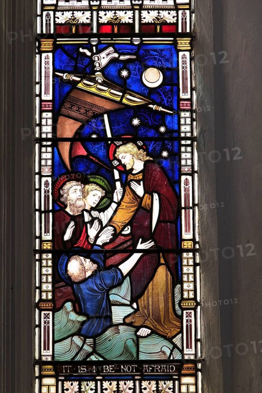 Church of Saint Gregory, Jesus calming the storm, stained glass window, Hemingstone, Suffolk, England, UK
