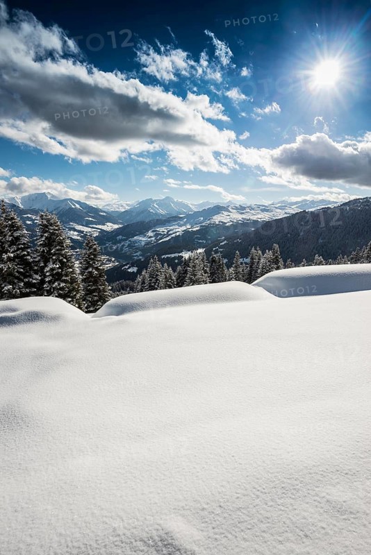 Snow-covered winter landscape, above Flims and Laax, view of the Vorderrheintal, Canton of Graubünden, Switzerland
