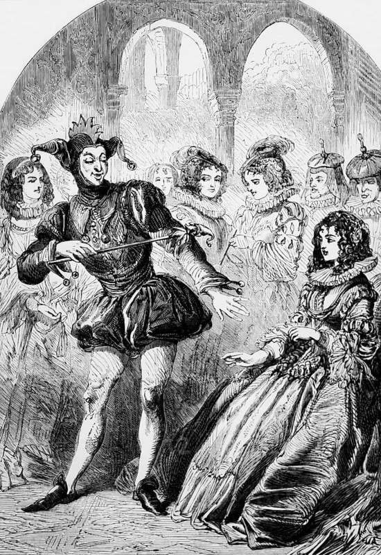 An English court jester entertains Spanish ladies during a visit by Prince Charles to Madrid. The Spanish marriage was a planned marriage between Charles and the Infanta Maria Anna of Spain, daughter of Philip III of Spain, England, digital reproduction of a historical model