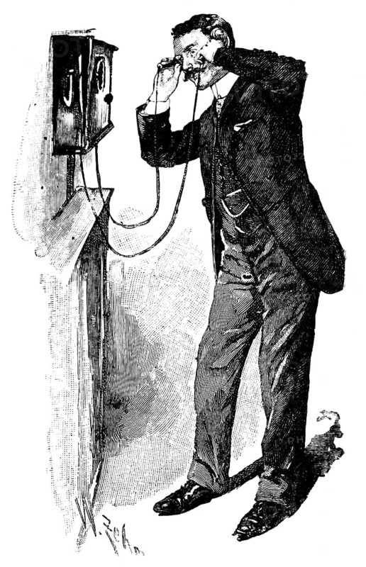 Man at the telephone, Berlin, 19th century, telephone, wall, apparatus, technology, invention, suit, glasses, Germany, historical illustration c. 1898
