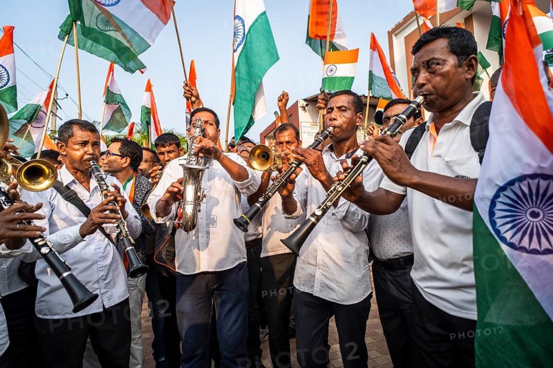 Band members play music as they take part in a rally, in soliderity with the Indian armed forces in Guwahati, India on 14 May 2025. A nationwide campaign Tiranga Yatra organized by the Bharatiya Janata Party (BJP) to honor the Indian armed forces' success in Operation Sindoor