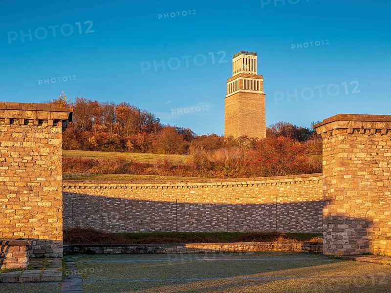 Beech forest concentration camp memorial, view from a mass grave to the bell tower, Weimar, Thuringia, Germany