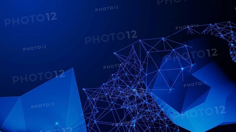 This composition features an intricate design of blue geometric shapes connected by glowing lines, representing a blend of technology and abstract art in a modern style