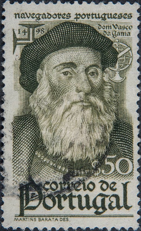 Vasco da Gama, (between 1460 and 1469, 1524), a Portuguese explorer. Portrait on a Portuguese postage stamp