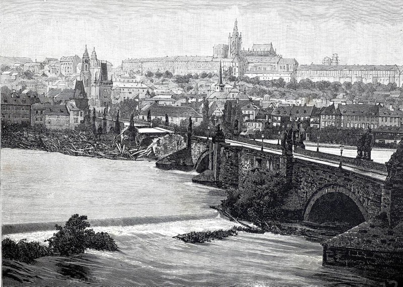 Charles Bridge in Prague after its collapse on September 4, 1890, Czech Republic, illustration, reproduction from a model from the 19th century. Authentic, file restored for optimal use, exact date of submission unknown, historical