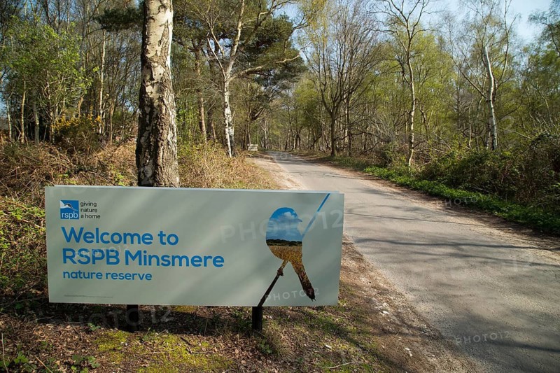 Welcome sign on the entrance road to RSPB Minsmere nature reserve, Suffolk, England, United Kingdom