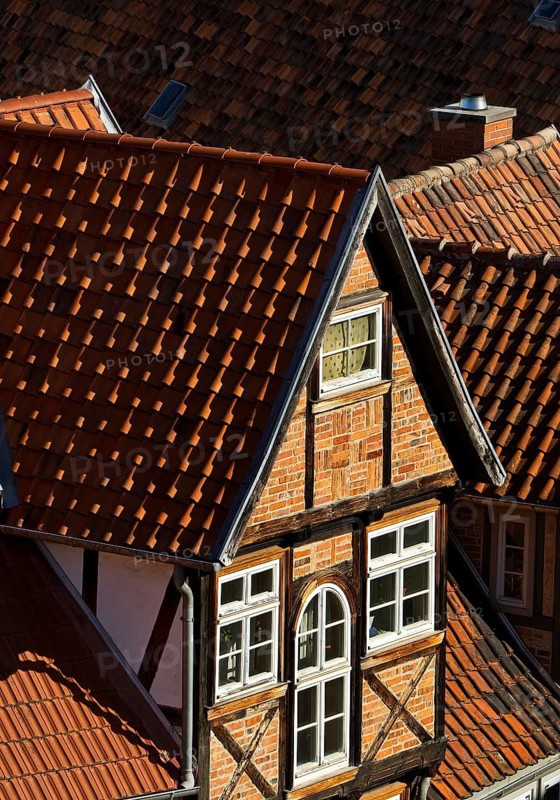 View from above onto the roofs of the old town, World Heritage City of Quedlinburg, Saxony-Anhalt, Germany