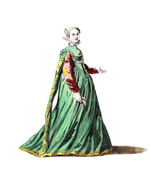 Historical clothing, fashion over time, typical clothing of a young woman from France around 1581, digitally restored reproduction of a model from the 18th/19th century, exact date unknown, woman in historical green Renaissance dress with outstretched arm