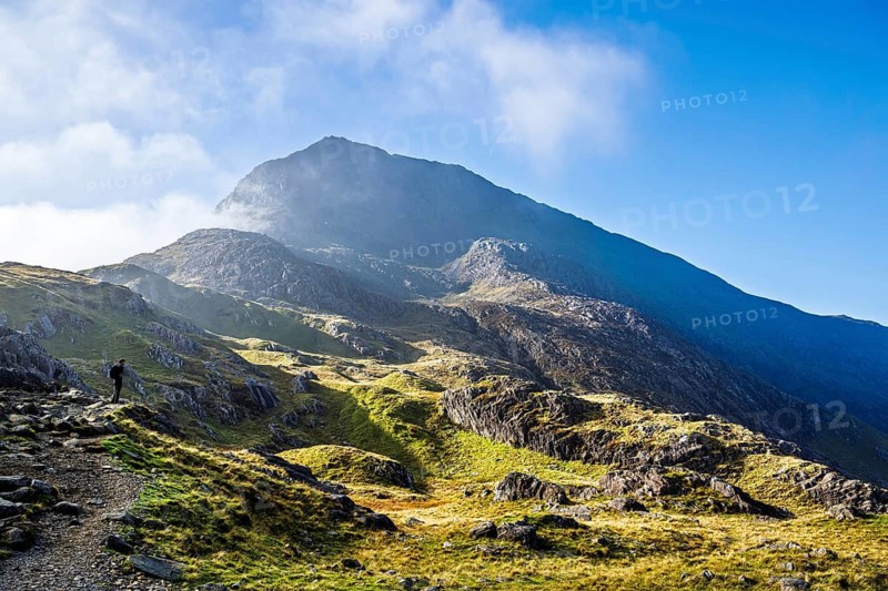 Autumn colours of Pen-y-Pass over Miner's Track, Start Point and road A4086, Snowdonia, Wales, UK