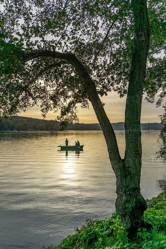 Lake Baldeney, autumn, rowing boats with anglers, Essen, North Rhine-Westphalia, Germany