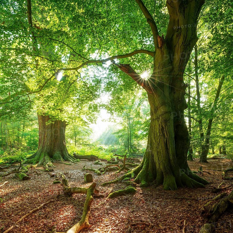 Huge old beech and oak trees with moss-covered roots in a former hut forest, the sun shines through the green leaves, Reinhardswald, Sababurg jungle, Hesse, Germany