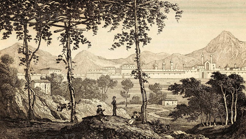 Cityscape of Pamplona, Navarra province, Spain, city wall, city gate, churches, mountains, forest with hikers, idyllic scene, architecture, building, steel engraving, historical illustration 1834
