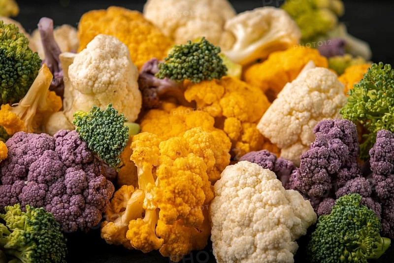 Close-up of different colored cauliflower heads