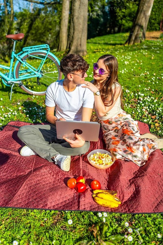 Romantic couple having picnic in park, watching movie on laptop, surrounded by food and drinks, enjoying sunny day