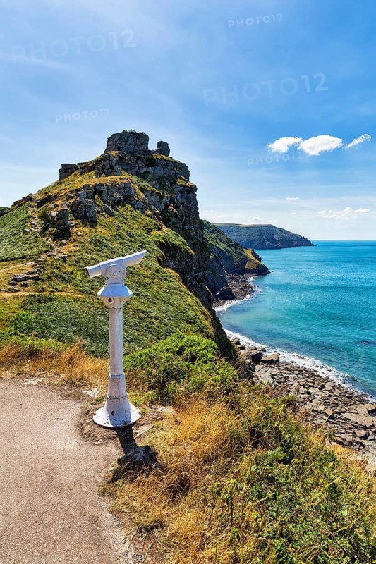 Telescope on the South West Coast Path, coastal path, Valley of the Rocks, rocky coast in Exmoor National Park, Bristol Channel, near Lynton, Devon, England, Great Britain