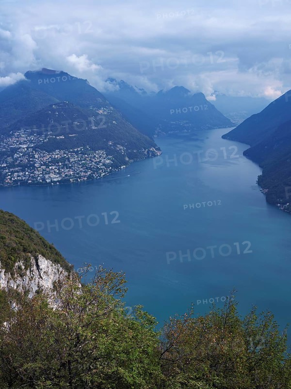 View of Lake Lugano from Monte San Salvatore, Lugano, Canton Ticino, Switzerland
