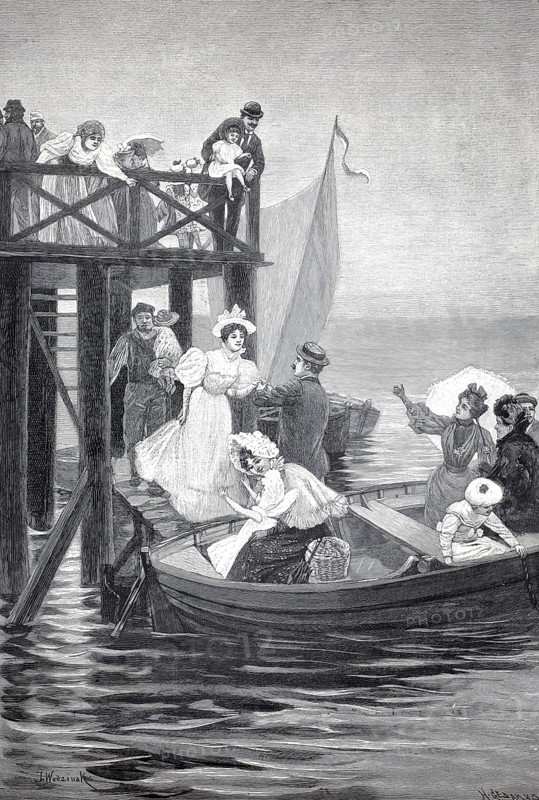 Excursion of holidaymakers out of town with a rowing boat on a lake, 1891, authentic, digitally restored reproduction from a 19th century model, exact date of depiction unknown, historical, people get off a small boat onto a wooden dock at a port