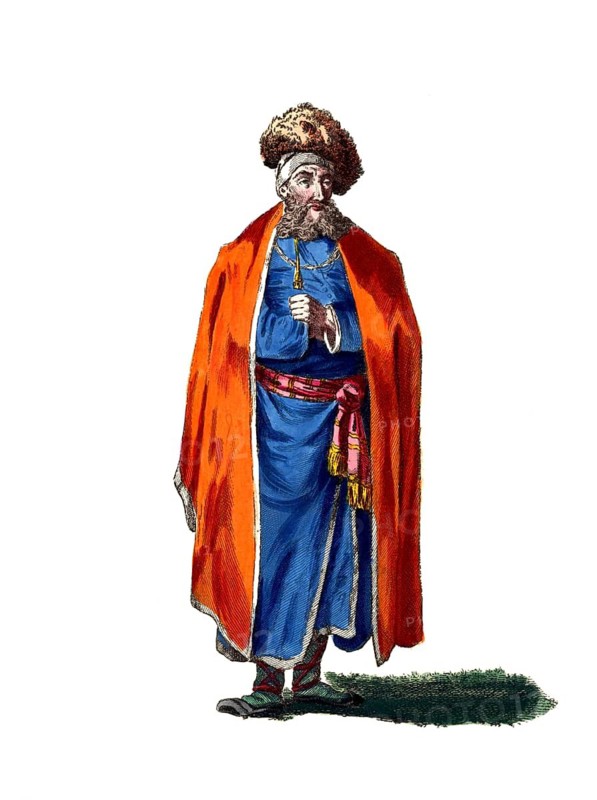 Historical clothing, fashion over time, clothing of a Polish Jew in 1768, Poland, digitally restored reproduction of a model from the 18th/19th century, exact date unknown, a man in traditional clothing with red coat and fur hat
