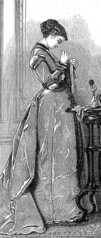 Woman at sewing work, in a long dress after the fashion around 1869 in France, Historic, digitally restored reproduction of an original 19th century pattern, exact original date unknown