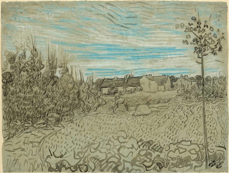 Cottages with a Woman Working in the Middle Ground (1890), Houses with a Woman Working in the Middle Ground (1890), Painting by Vincent Willem van Gogh (born 30 March 1853 in Groot-Zundert, died 29 July 1890 in Auvers-sur-Oise), Dutch painter and draughtsman, one of the founders of modern painting, Illustration, Reproduction from a painting. Authentic, exact date of the original unknown, Historical, Sketch of a village landscape with houses and trees under a cloudy sky