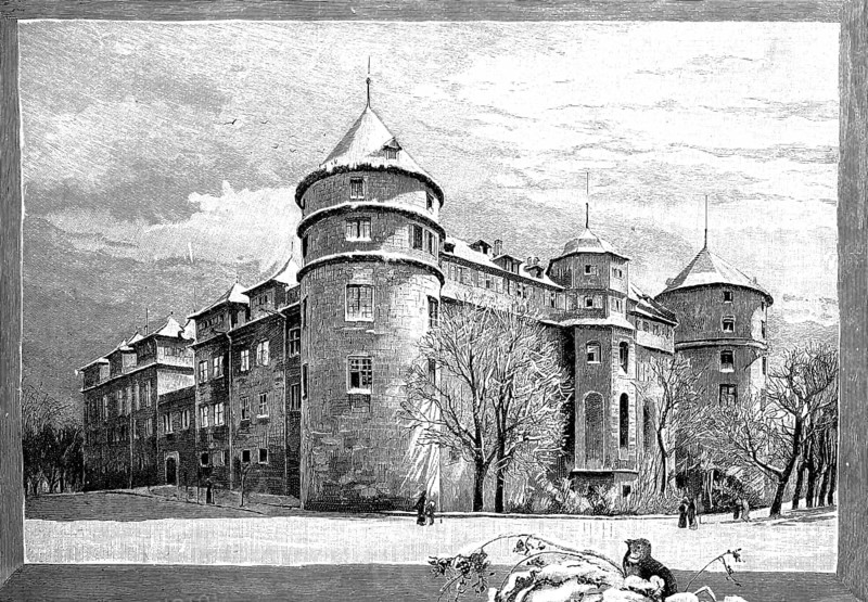 The old castle in Stuttgart, 1890, Baden-Württemberg, Germany, illustration, reproduction from a model from the 19th century. Authentic, file restored for optimal use, exact date of submission unknown, historical