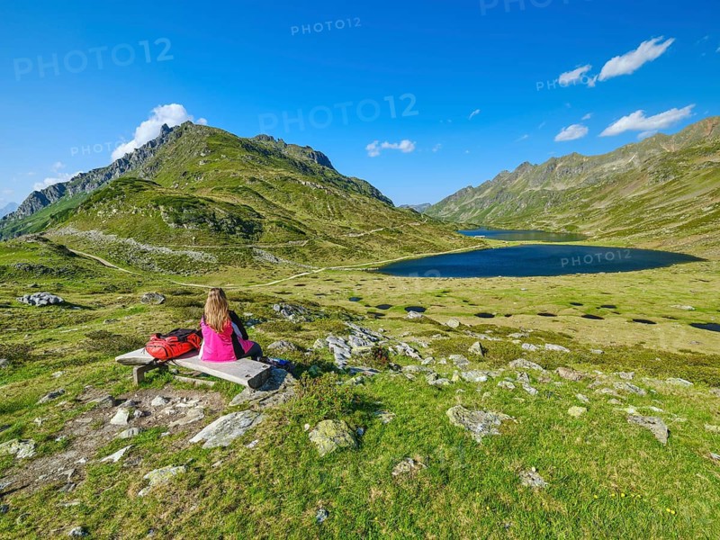 Female hiker sitting on bench looking at giglach lakes, backpack, spring, blue sky, alpine roses, nobody, daylight, mountain lake, picturesque view, mountains, Schladming, Styria, Austria