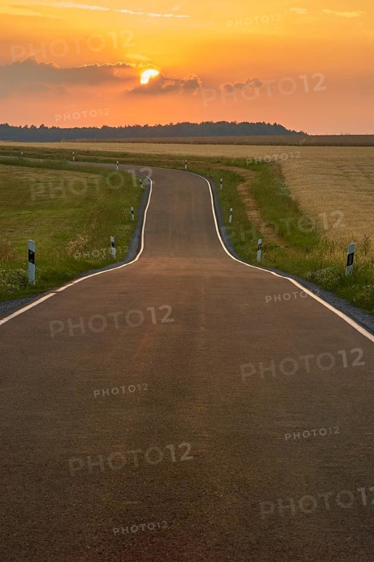 Winding country road at dusk, in midsummer, Marktheidenfeld, Main Spessart, Bavaria, Germany