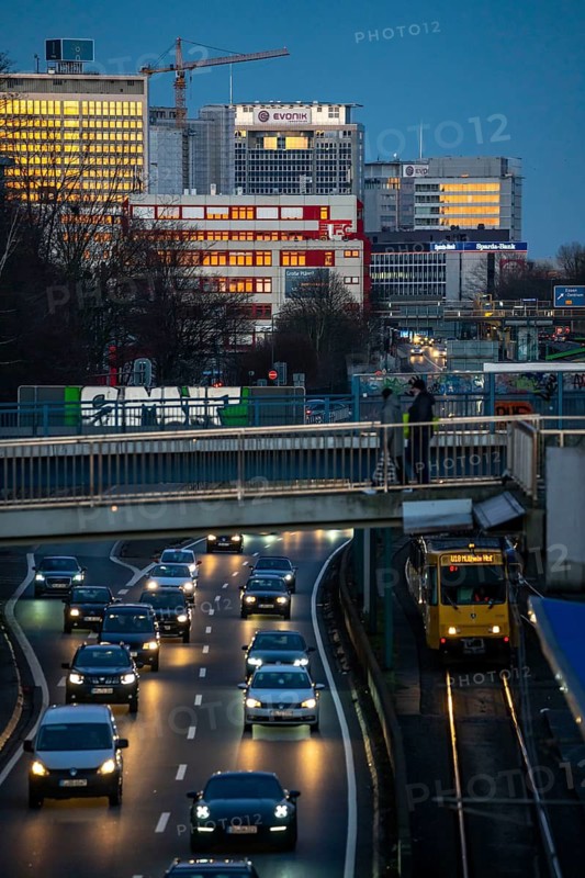 The skyline of Essen city centre, A40 motorway, Ruhr expressway, tram, underground, Ruhrbahn urban railway, North Rhine-Westphalia, Germany