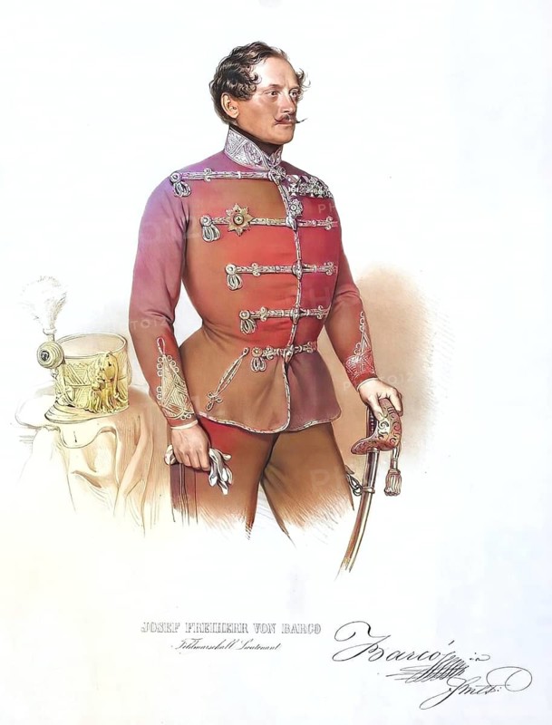 Joseph Johann Nepomuk Freiherr von Barco (born 1 August 1798 in Vienna, died 26 September 1861 in Baden near Vienna) was an Austrian officer, Theresian knight and second holder of the Hussar Regiment No. 3, Historical, digitally restored reproduction from a 19th century original, Record date not stated