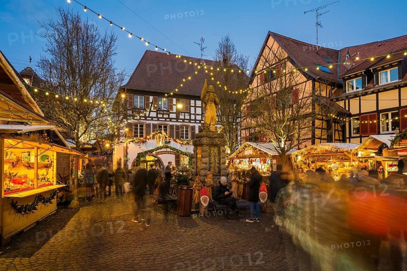 Christmas market, blue hour, Eguisheim, Haut-Rhin, Grand Est Region, Alsace, France