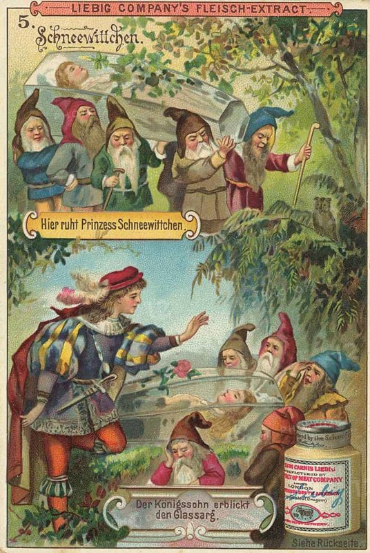 Picture series German fairy tales, Snow White, Liebig picture, digitally restored reproduction of a collector's picture from around 1900, public domain, exact date unknown, Prince Snow White mourning in a glass coffin, accompanied by dwarfs