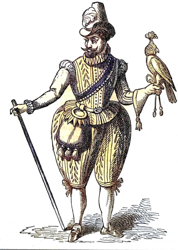 James I of England, VI of Scotland (1566-1625), in falconry traditional costume, holding a bird with hood, Historic, digitally restored reproduction from a 19th century original, Record date not stated