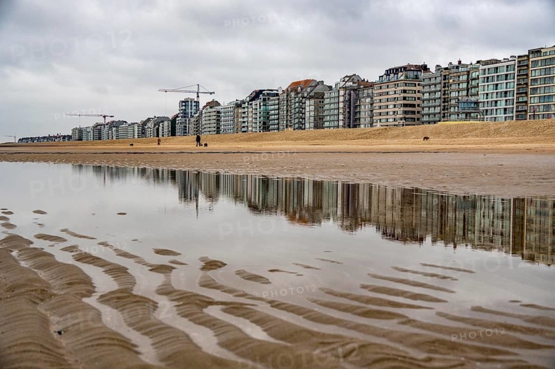 The skyline of Knokke-Heist, on the North Sea beach, dreary winter day, mostly apartment buildings with rental or condominiums, high-rise buildings on the Zeedijk-Knokke road, Belgium
