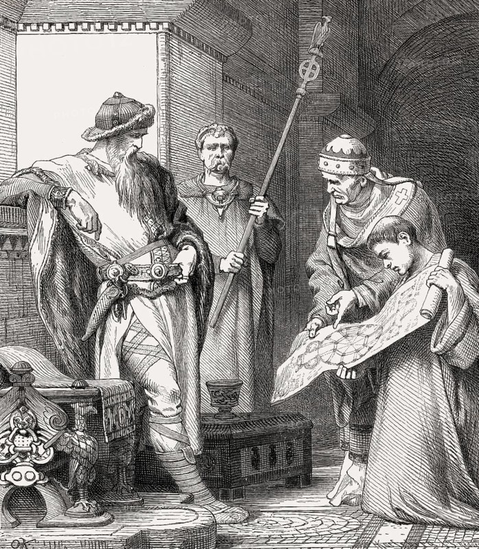 Odo of Metz showing a plan of the Palace of Aachen to Charlemagne, 780s