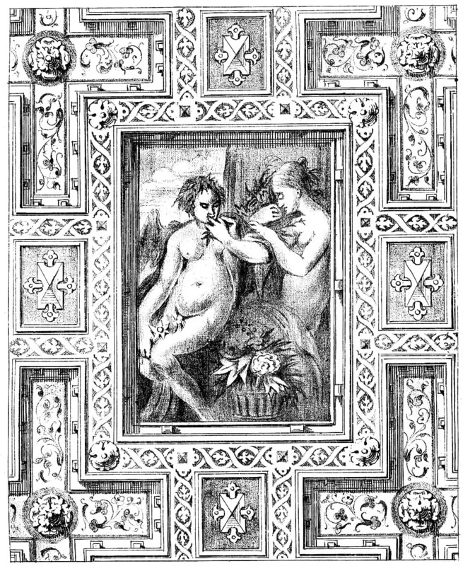 Historical architectural illustration from the 19th Century, 1881, German Renaissance style, ceiling of the Talamt building, 16th century, Hall Market, Halle an der Saale, Sachsen-Anhalt, Germany, Europe, Deutsche Renaissance, Architektur-Zeichnung von 1880, Detail der Decke im Talamt, historisches Amtsgebäude am Hallmarkt, 16. Jahrhundert, 1881 abgerissen, Halle, Saale, Sachsen-Anhalt, Deutschland, Europa