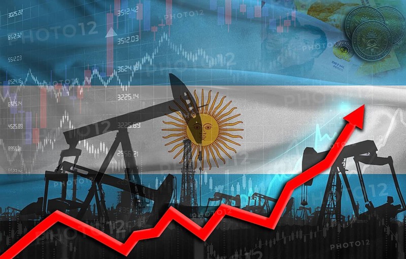 Oil production with Argentina flag, petrol industry. Oil pumps with Argentina flag