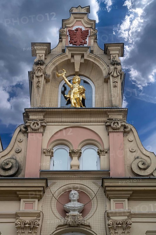 Residential building with gilded figure in baroque-style gable, 1887, Bad Kissingen, Lower Franconia, Bavaria, Germany