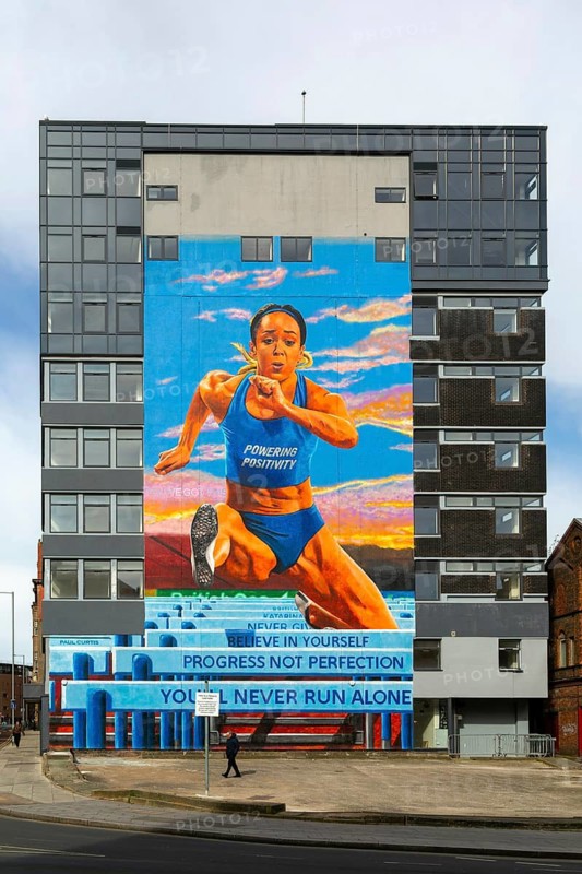 Mural of Liverpudlian Olympic heptathlete Katarina Johnson-Thompson by Paul Curtis, Dale Street, city centre Liverpool, England, UK