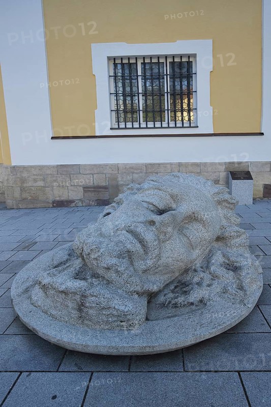 Head of John the Baptist, St. John's Church, oversized, XXL, stone sculpture, Donaueschingen, Southern Black Forest, Black Forest, Baden-Württemberg, Germany
