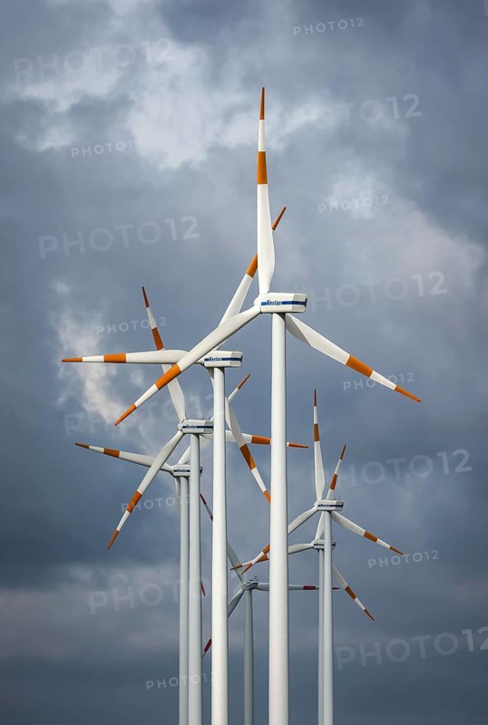 Bedburg, North Rhine-Westphalia, Germany - Wind farm, Vestas wind turbines in front of a dark cloudy sky