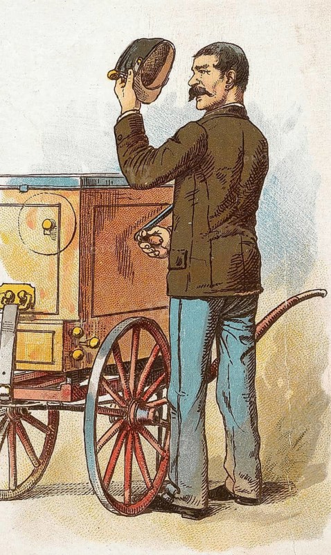 Viennese types by Ladislav Eugen Petrovits (1839, 1907), painter from Austria. Werkelmann, organ grinder, barrel organ player, A man raises his hat in front of a traditional barrel organ