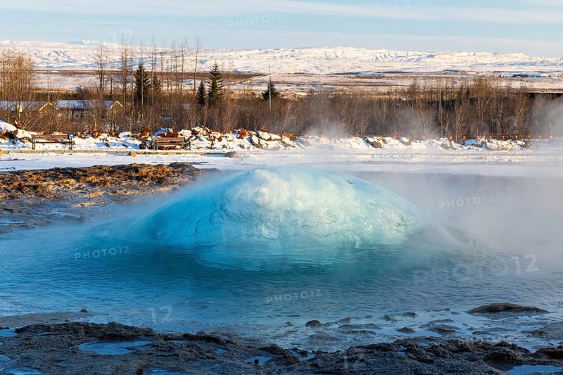 Strokkur, Gysir erupting, snow, winter, Haukadalur Valley, Golden Circle, Iceland, Scandinavia