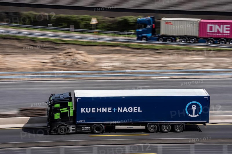 Truck, truck on the A3 motorway near Duisburg, Kuehne+Nagel Spedition, Freight Transport, North Rhine-Westphalia, Germany