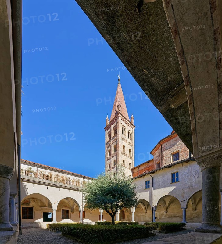 Cloister and church tower, San Giovanni, Saluzzo, Province of Cuneo, Piedmont, Italy