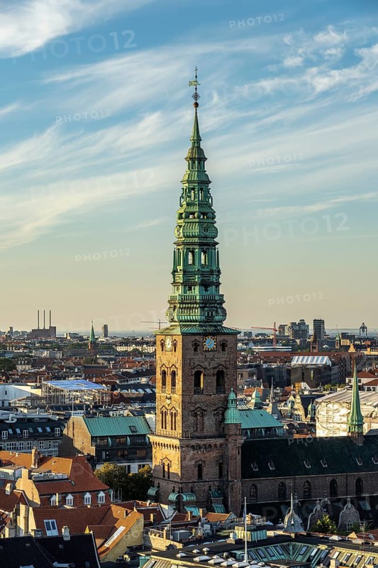 View of Copenhagen from the tower of Christiansborg Castle Church with the former St Nicholas Church Kunsthalle Nikolaj, Copenhagen, Denmark