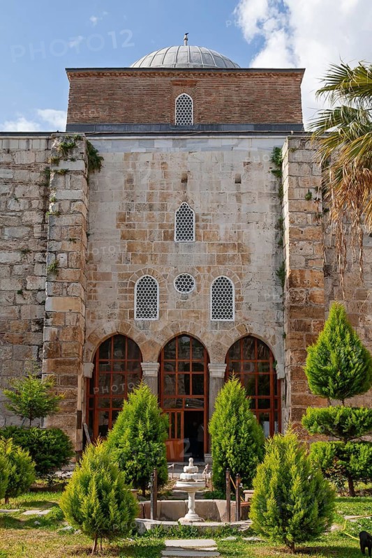 Isabey Mosque, inner courtyard with fountain and entrance to the prayer room, Selçuk, Lycia, Turkey